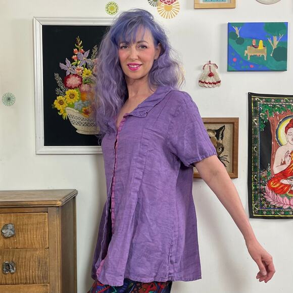 Flax (Jeanne Engelhart) Purple Linen Blouse, Swingy Short Sleeve Lavender Top L - Picture 4 of 10